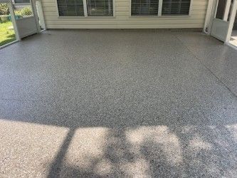 Gray speckled concrete patio with screened porch, windows, and sunlight.