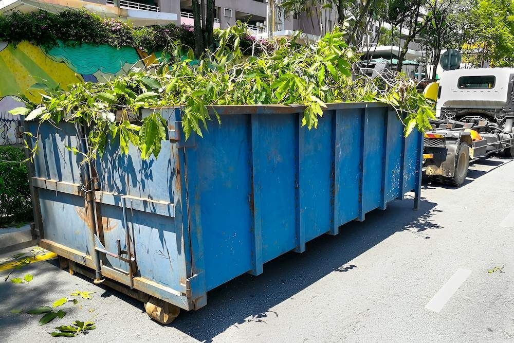 Blue Dumpster Overflowing With Green Tree Trimmings; Parked on a Street — Bobs Bags & Bins in Walkerston, QLD