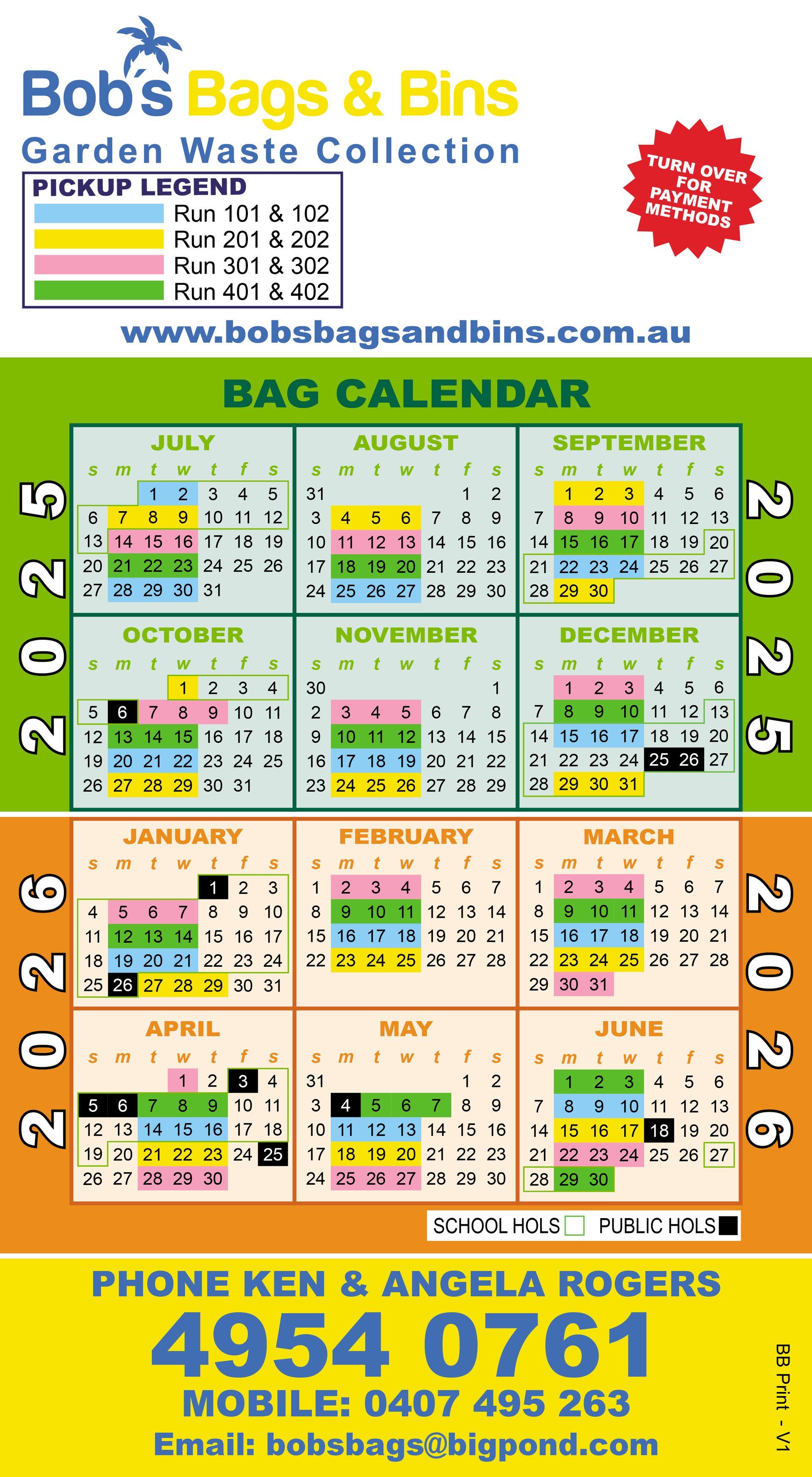 Calendar for Bob's Bags & Bins garden waste collection. Shows collection dates for 2025 and 2026. Includes contact info— Bobs Bags & Bins in Mackay, QLD