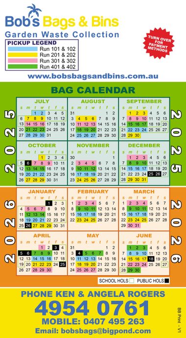Calendar for Bob's Bags & Bins garden waste collection. Shows collection dates for 2025 and 2026. Includes contact info— Bobs Bags & Bins in Mackay, QLD