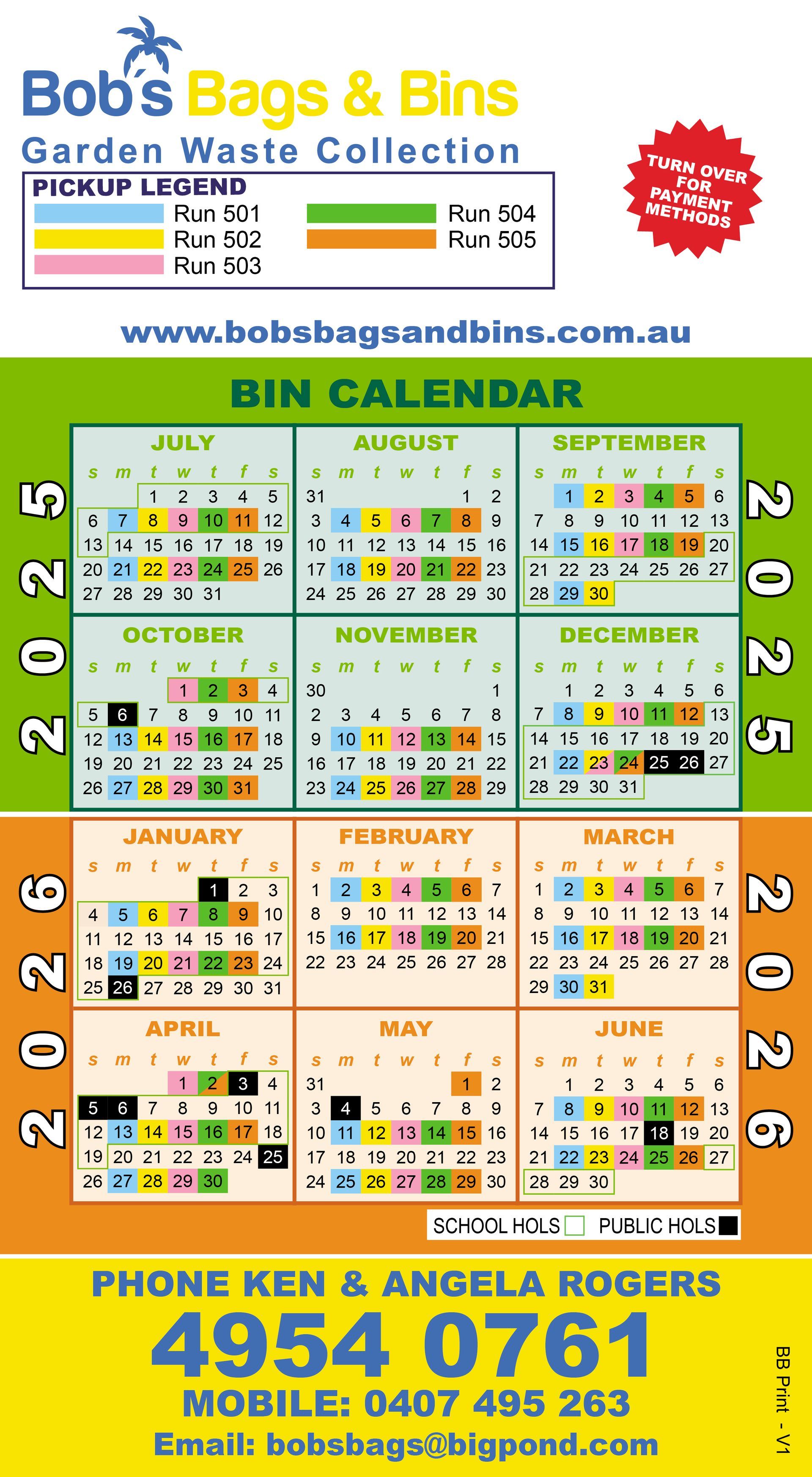 Calendar for Bob's Bags & Bins garden waste collection, showing 2025 and 2026 pickup dates, color-coded by bin type— Bobs Bags & Bins in Mackay, QLD