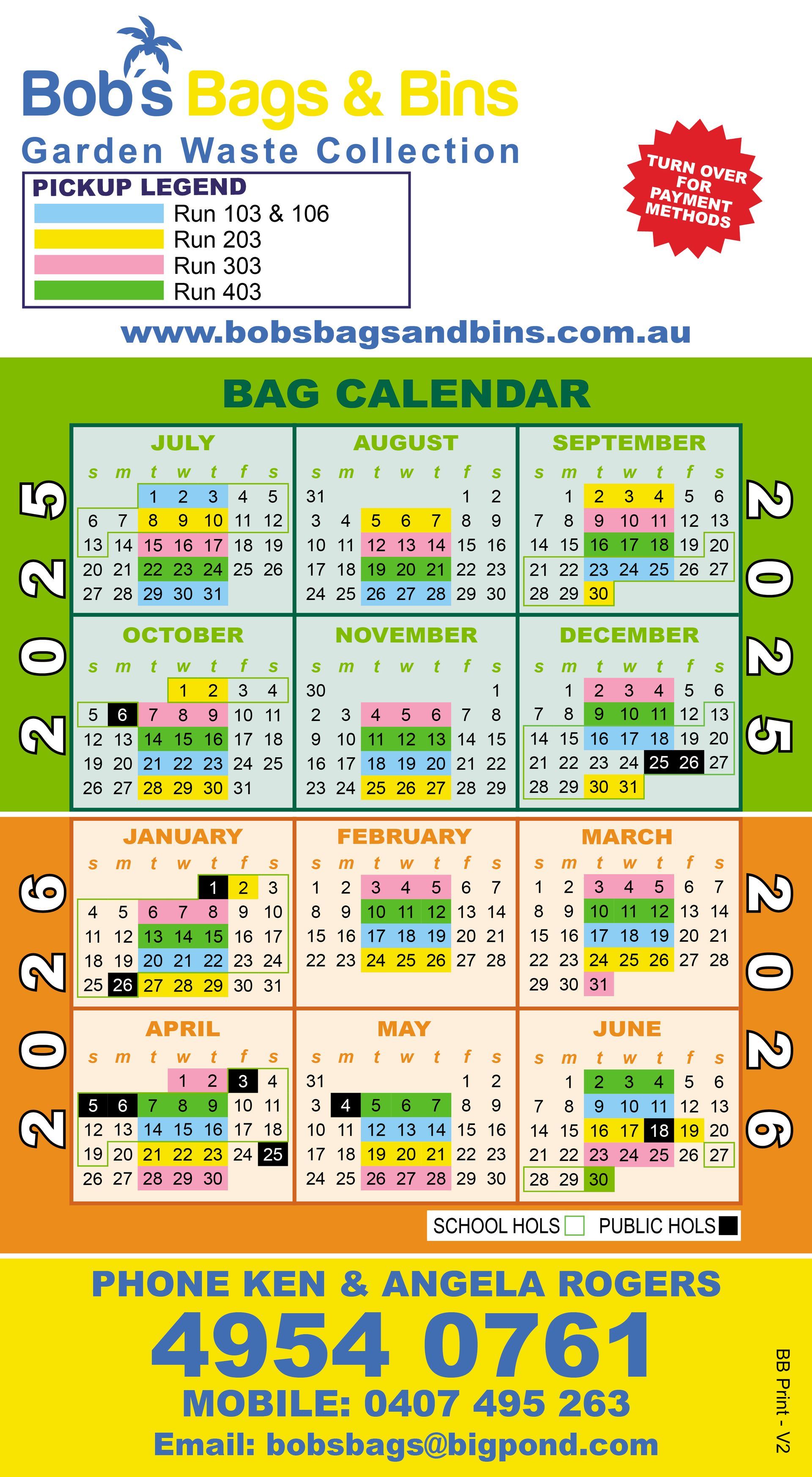Calendar for Bob's Bags & Bins garden waste collection, showing pickup dates from July 2025 to June 2026— Bobs Bags & Bins in Mackay, QLD