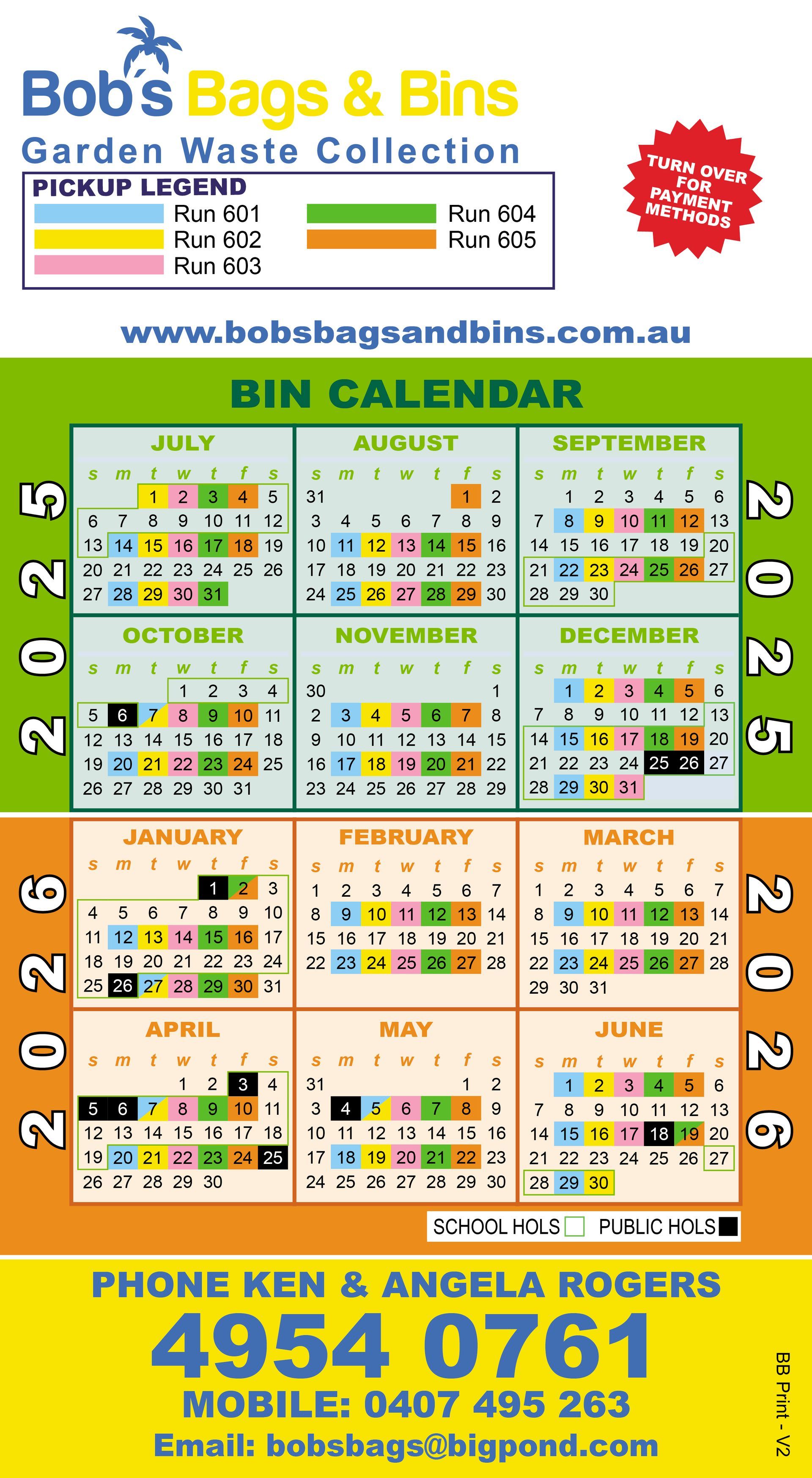 Calendar for Bob's Bags & Bins' garden waste collection, showing 2025 and 2026 dates, with color-coded pick-up days — Bobs Bags & Bins in Mackay, QLD