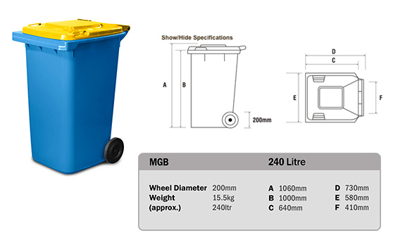 Two green trash bins with yellow and green lids, a wheelbarrow, and tools beside a fence.— Bobs Bags & Bins in Mackay, QLD