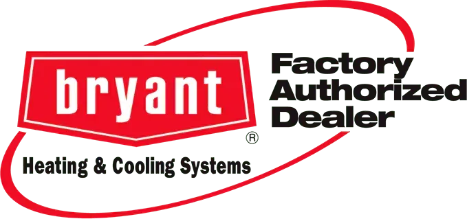 Bryant Heating & Cooling Systems logo: red hexagon with "bryant," red arc, and "Factory Authorized Dealer".