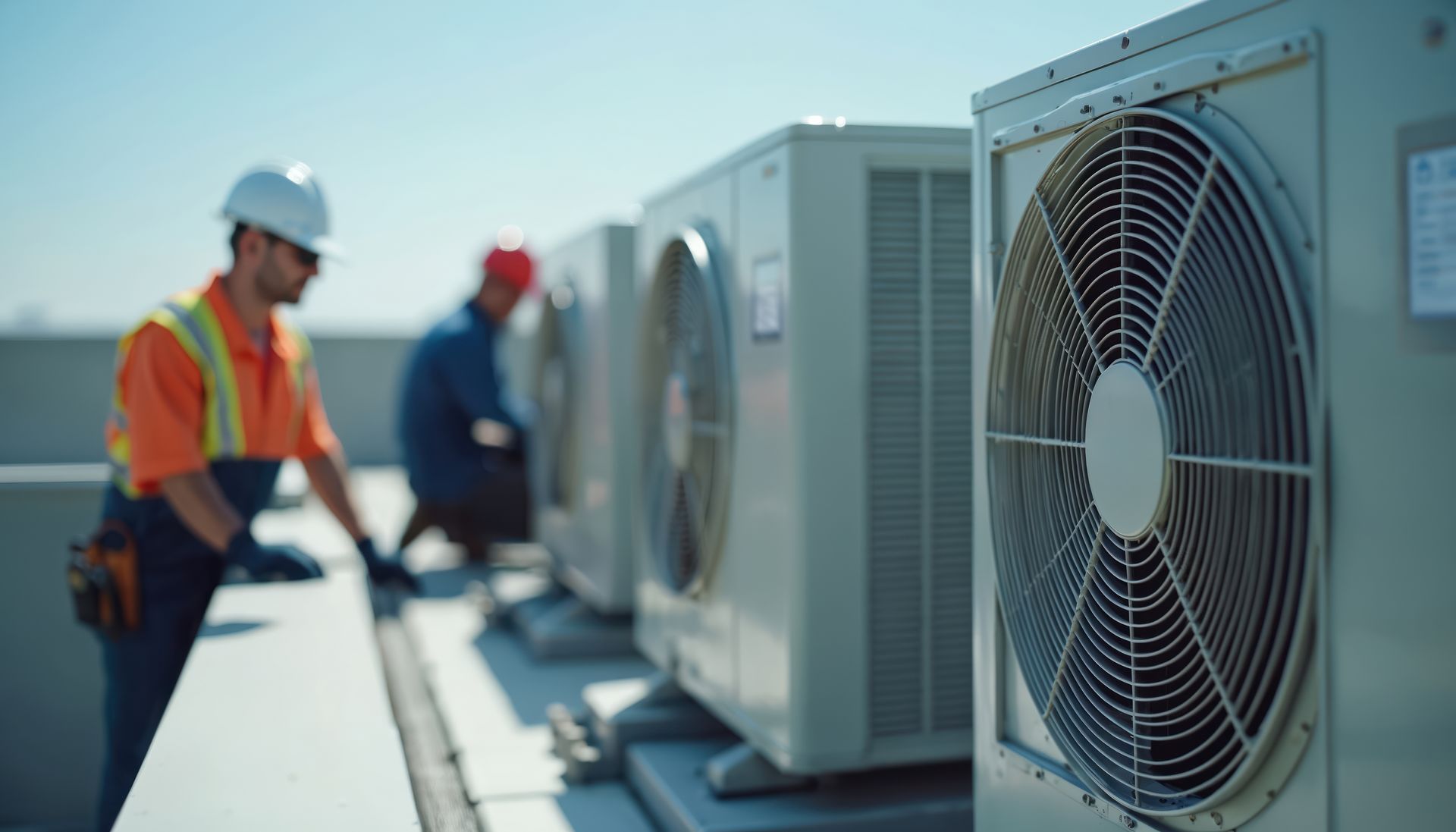 Technicians working near rooftop HVAC units on a sunny day.