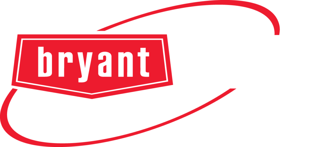 Bryant logo: Red wordmark inside a red hexagon shape, with red curved lines around it.