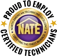 NATE certification logo: gold seal with "Proud to Employ Certified Technicians" and NATE emblem.