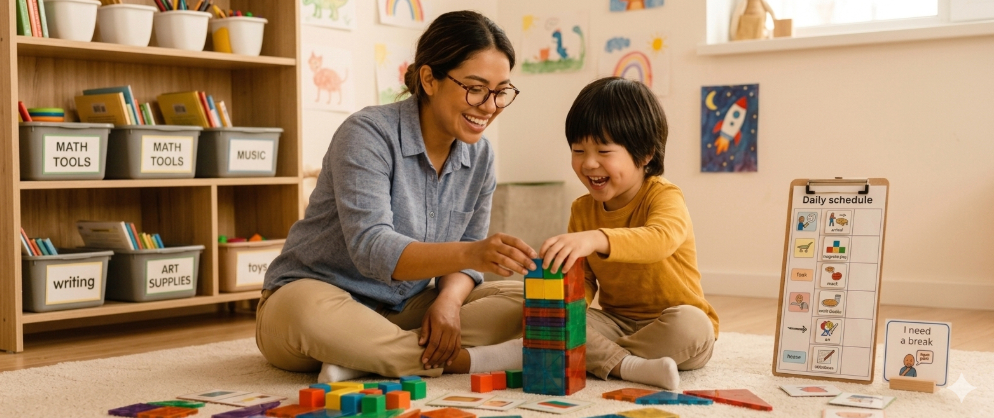 ABA therapist working with a child in a classroom to build communication, behavior, and school readi