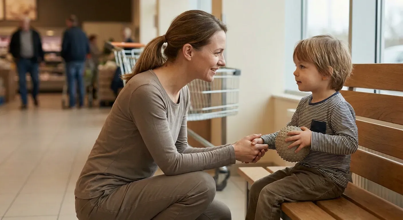 A mother kneels beside a young child around 4 years old sitting on a wooden bench in a grocery store