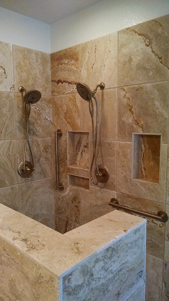 Interior of shower with adjustable shower head