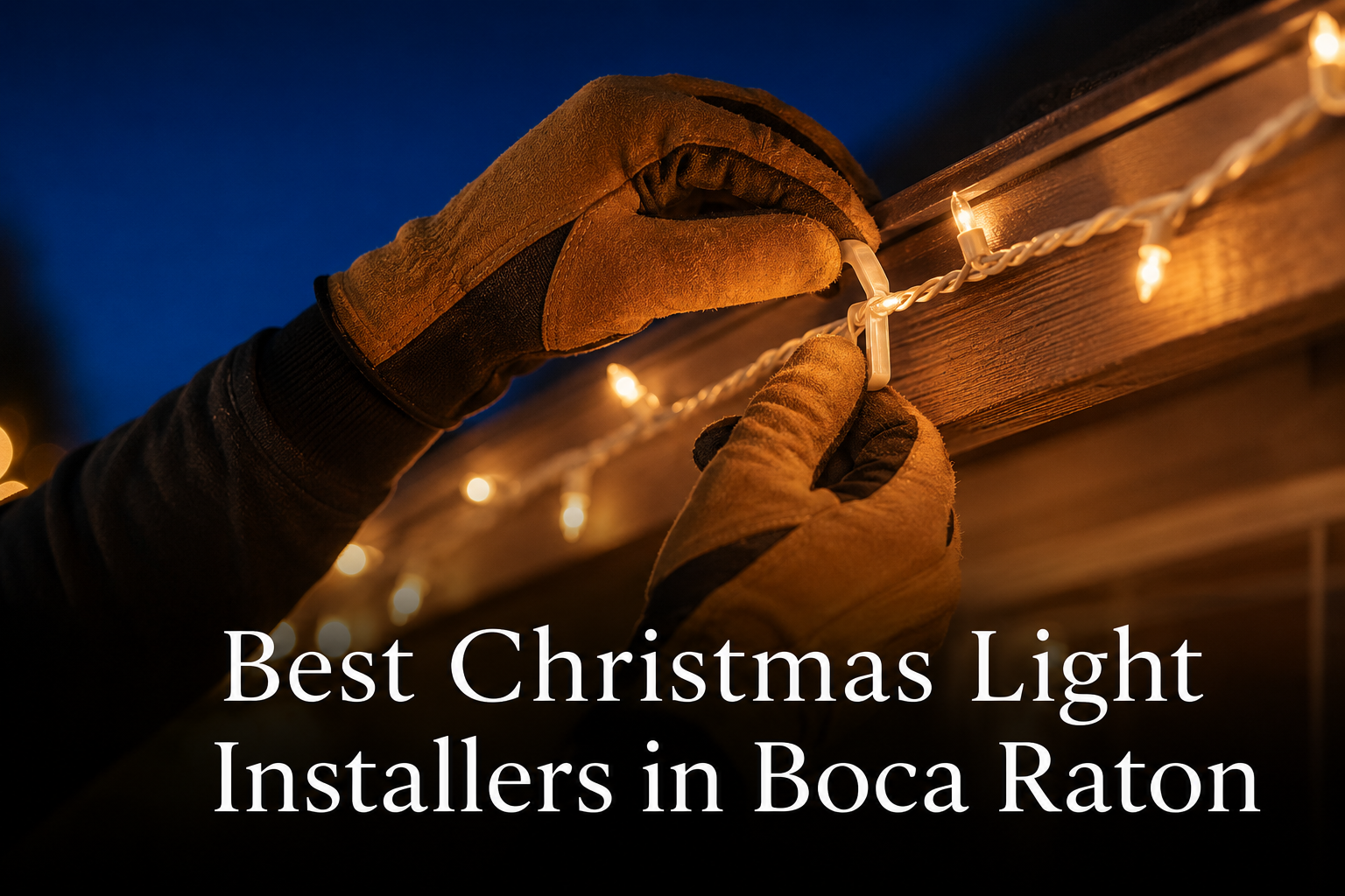 Close-up of hands installing warm white holiday lights, best Christmas light installers Boca Raton