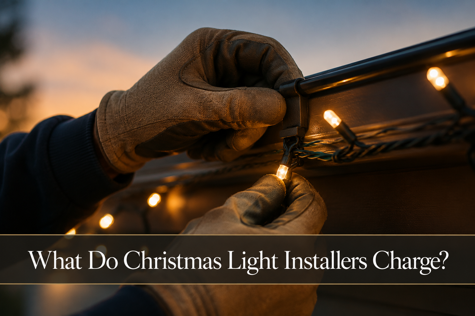 Close-up of hands installing warm white holiday lights on a Florida home