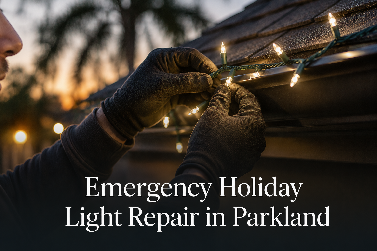 Technician adjusting holiday lights during emergency repair in Parkland