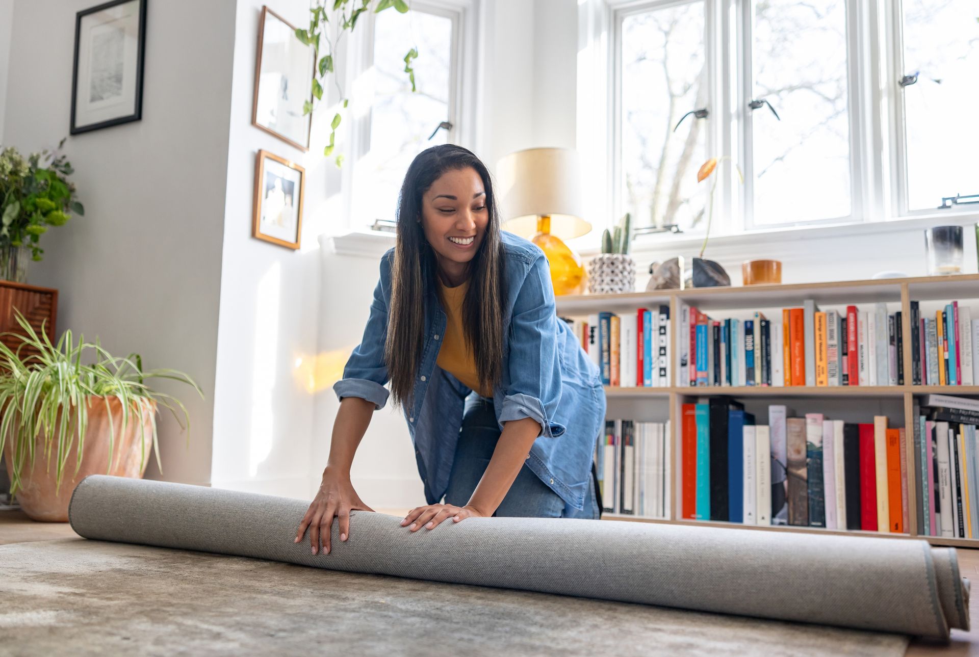 A woman is laying carpet in an empty room for a carpet flooring company project.