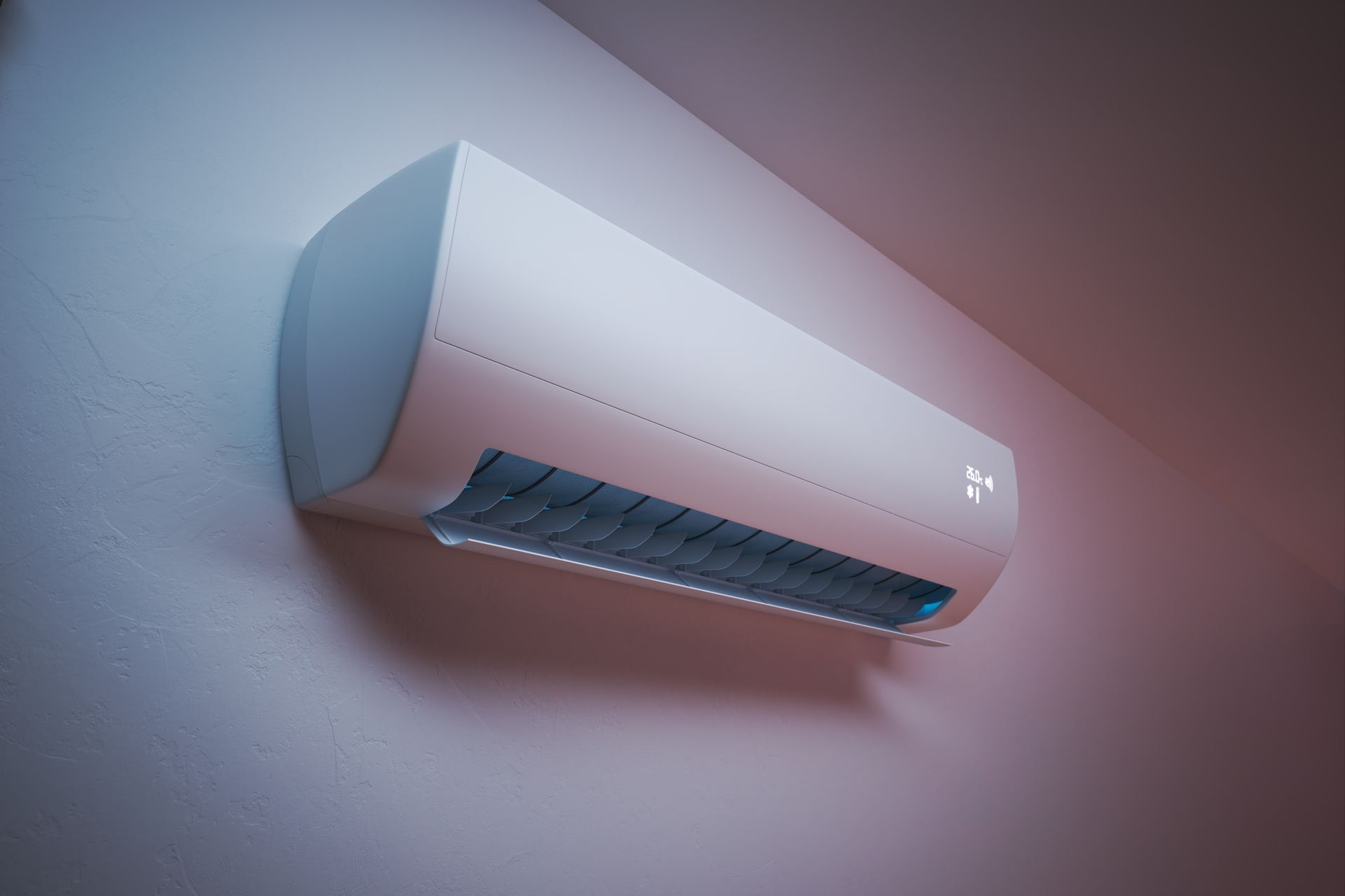 White wall-mounted air conditioner with a blue display.