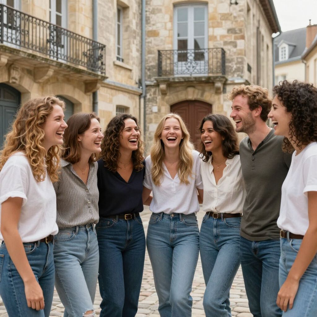 Un groupe de huit personnes, riant toutes, sur une place pavée. Vêtues de jeans et de chemises blanches, elles s'enlacent.