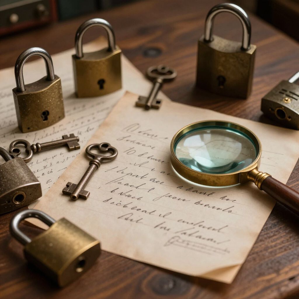 Plusieurs cadenas et clés en laiton ancien éparpillés autour d'une loupe et d'une note manuscrite sur une table en bois.