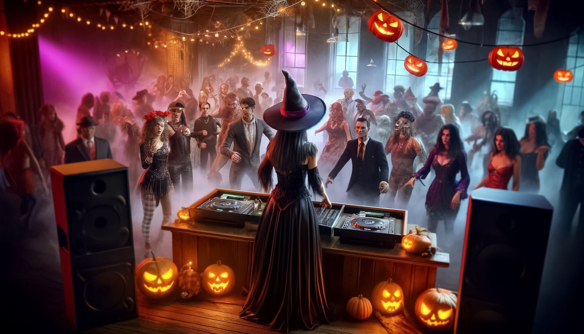 A Halloween witch enchanting guests with creepy music