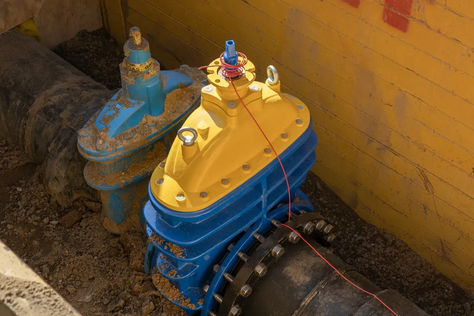 A yellow and blue valve is sitting on top of a pipe.