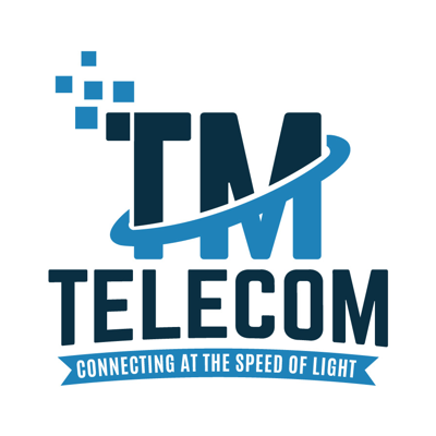 A logo for tm telecom connecting at the speed of light