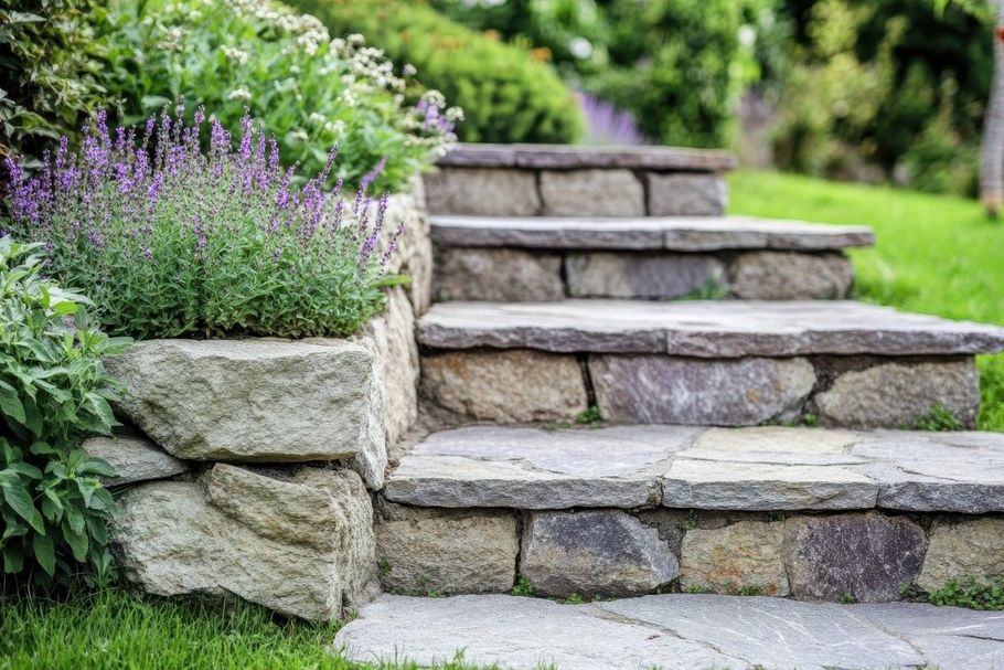 Stone steps leading up a garden path with a built-in planter holding purple flowers.