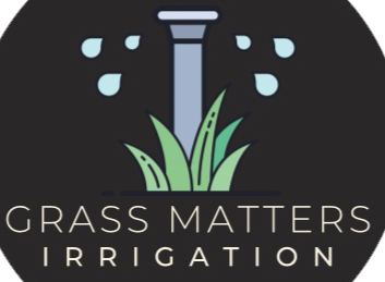 Logo: Irrigation system spraying water above grass blades. Text "Grass Matters Irrigation".