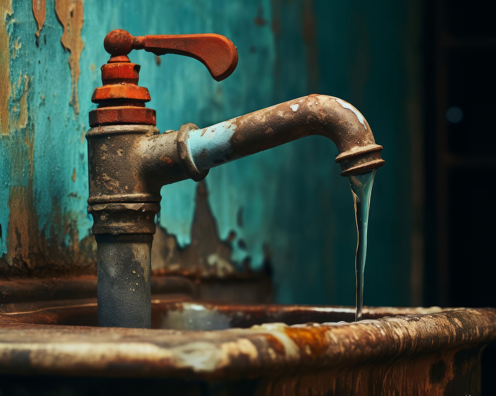 A rusty water faucet is pouring water into a sink.