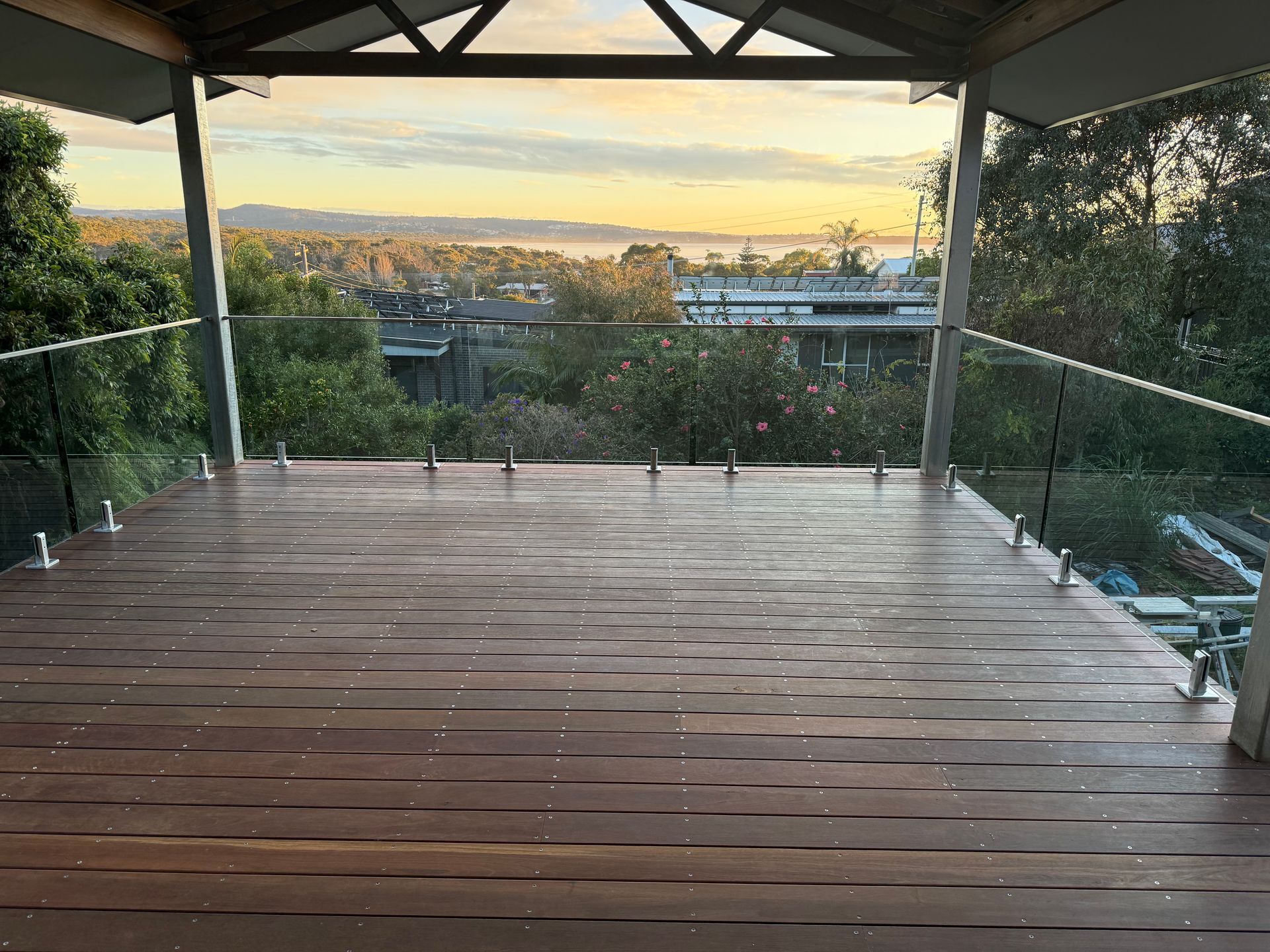 Balcony overlooking lake with glass fencing — Canobolas Glass Service In Orange, NSW