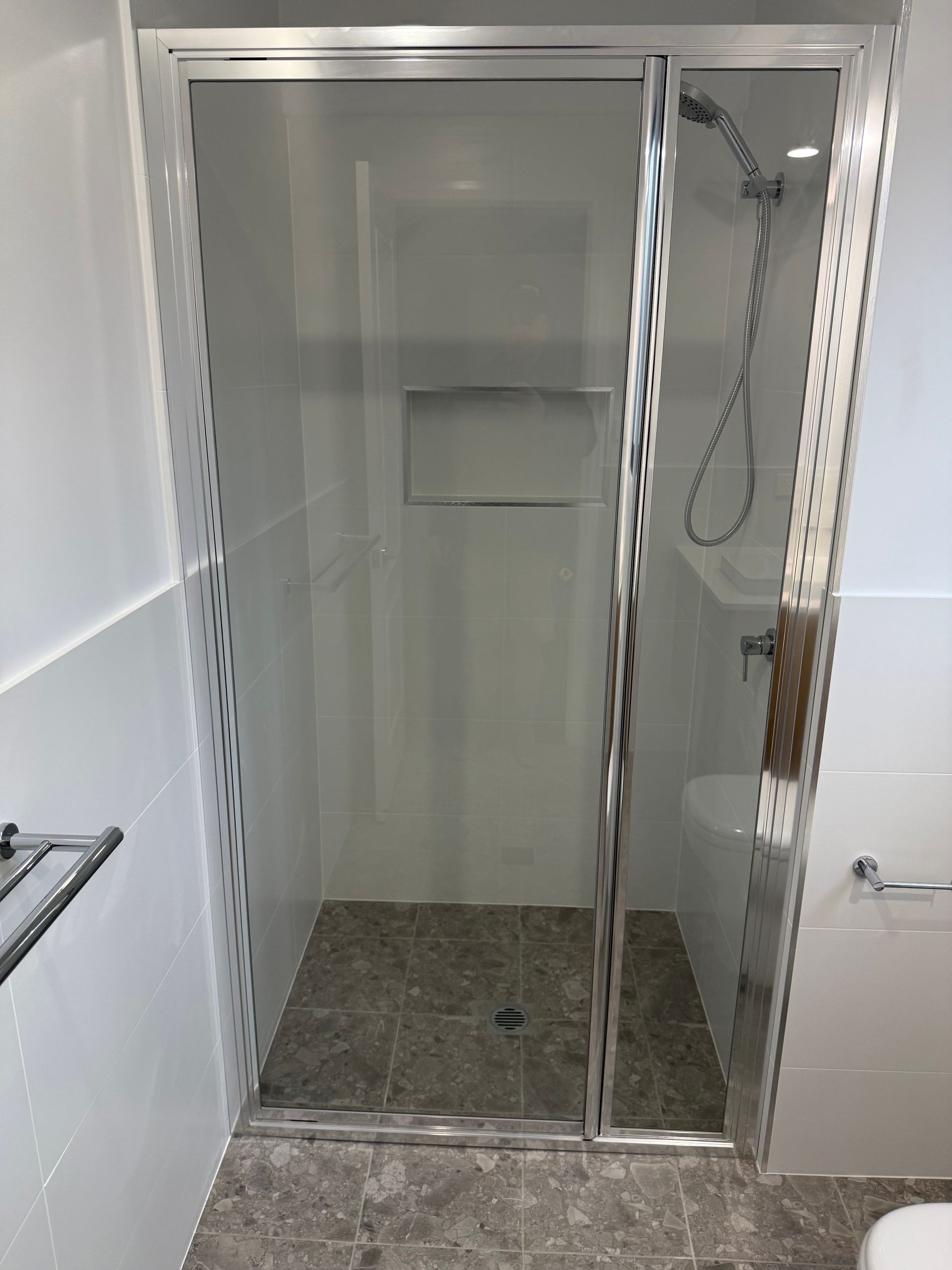 A Bathroom With a Shower and a Glass Door — Canobolas Glass Service In Orange, NSW