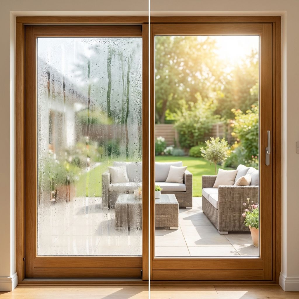 Failed Seal with Condensation in between Double Pane Glass in Patio Door