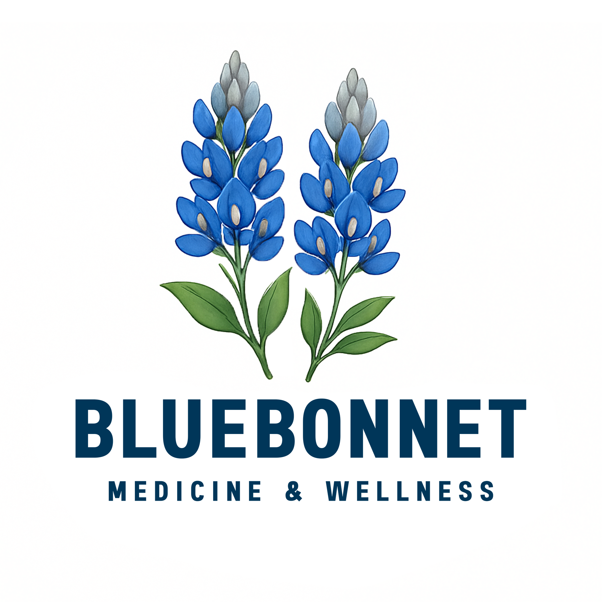 The logo for bluebonnet medicine and wellness shows two blue flowers with green leaves.