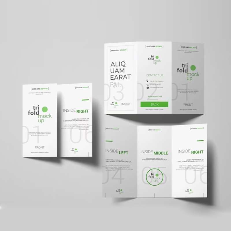 A mockup of a tri fold brochure on a white background.