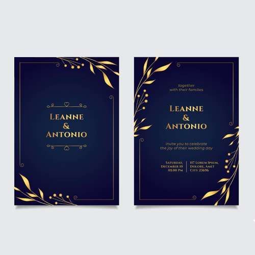 A wedding invitation with gold leaves on a dark blue background.
