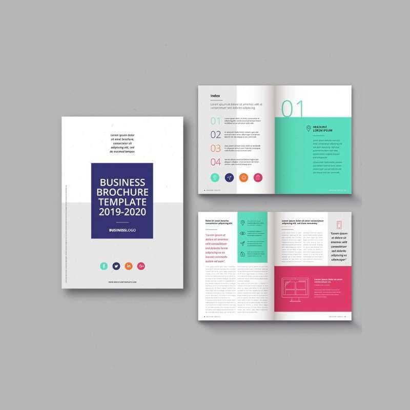 A business brochure template for 2019-2020 is shown on a gray background.