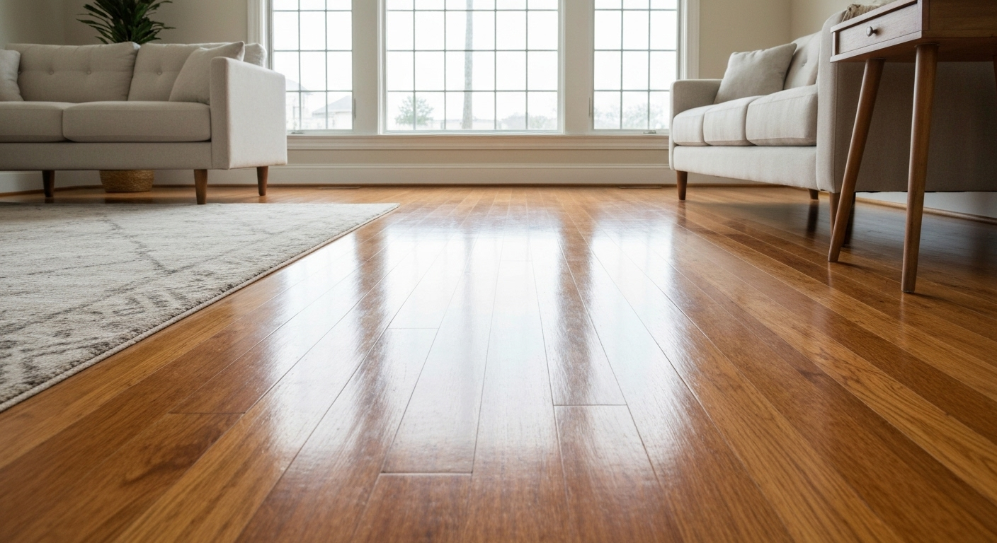 Wooden floor planks being installed over a cork underlayment.