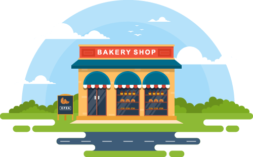 An illustration of a bakery shop in a flat style.