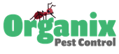 The logo for organix pest control has an ant on it.