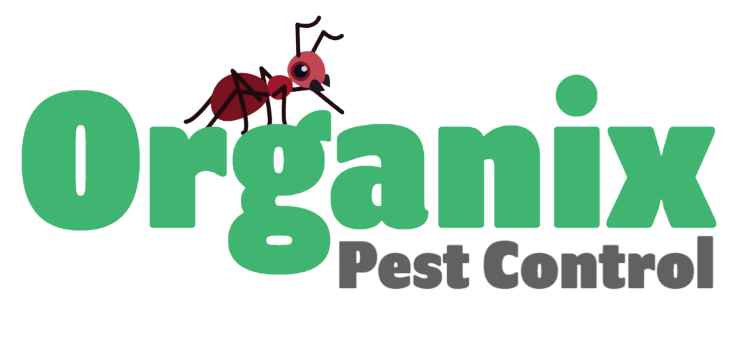 The logo for organix pest control has an ant on it.