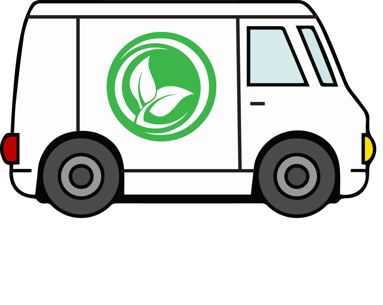 A white van with a green leaf in a circle on the side.