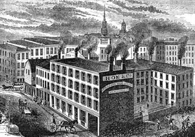 A black-and-white engraving of a large industrial factory with smokestacks, horse-drawn carriages, and pedestrians.