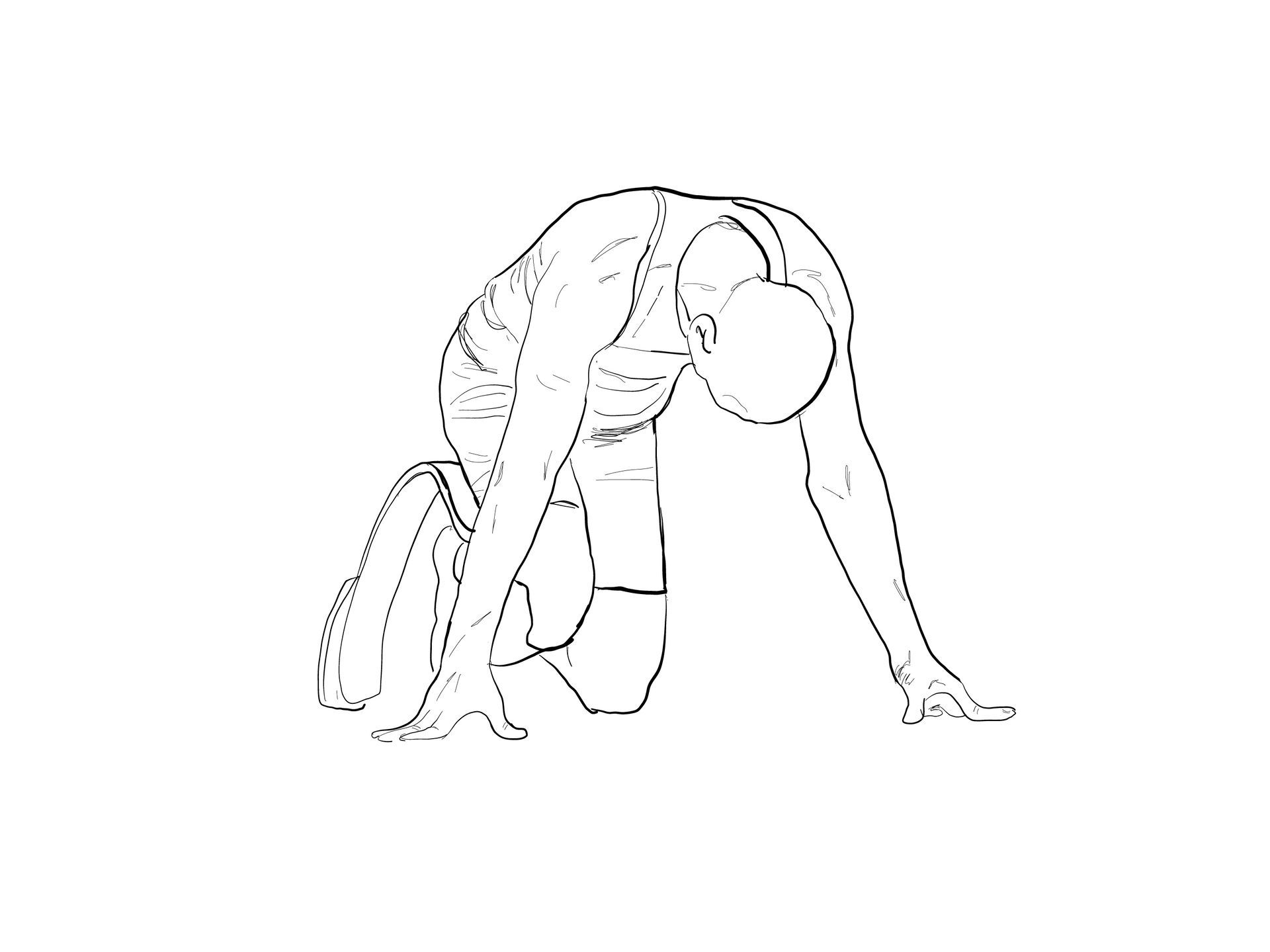 Line drawing of a person in a track starting block position, crouched low with hands on the ground ready to run.
