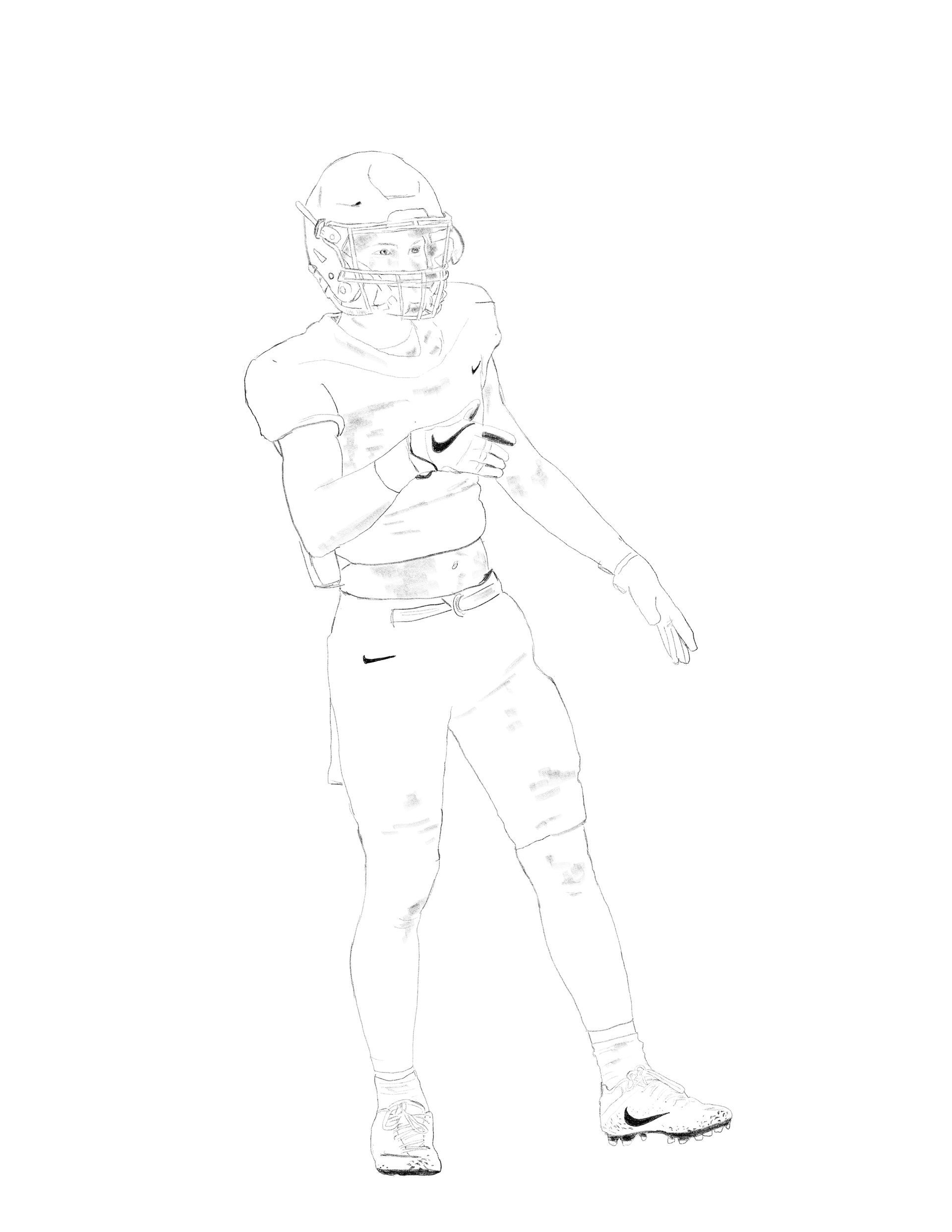 A high-contrast line drawing of an American football player standing in a uniform, chest-on, with a Nike logo visible.