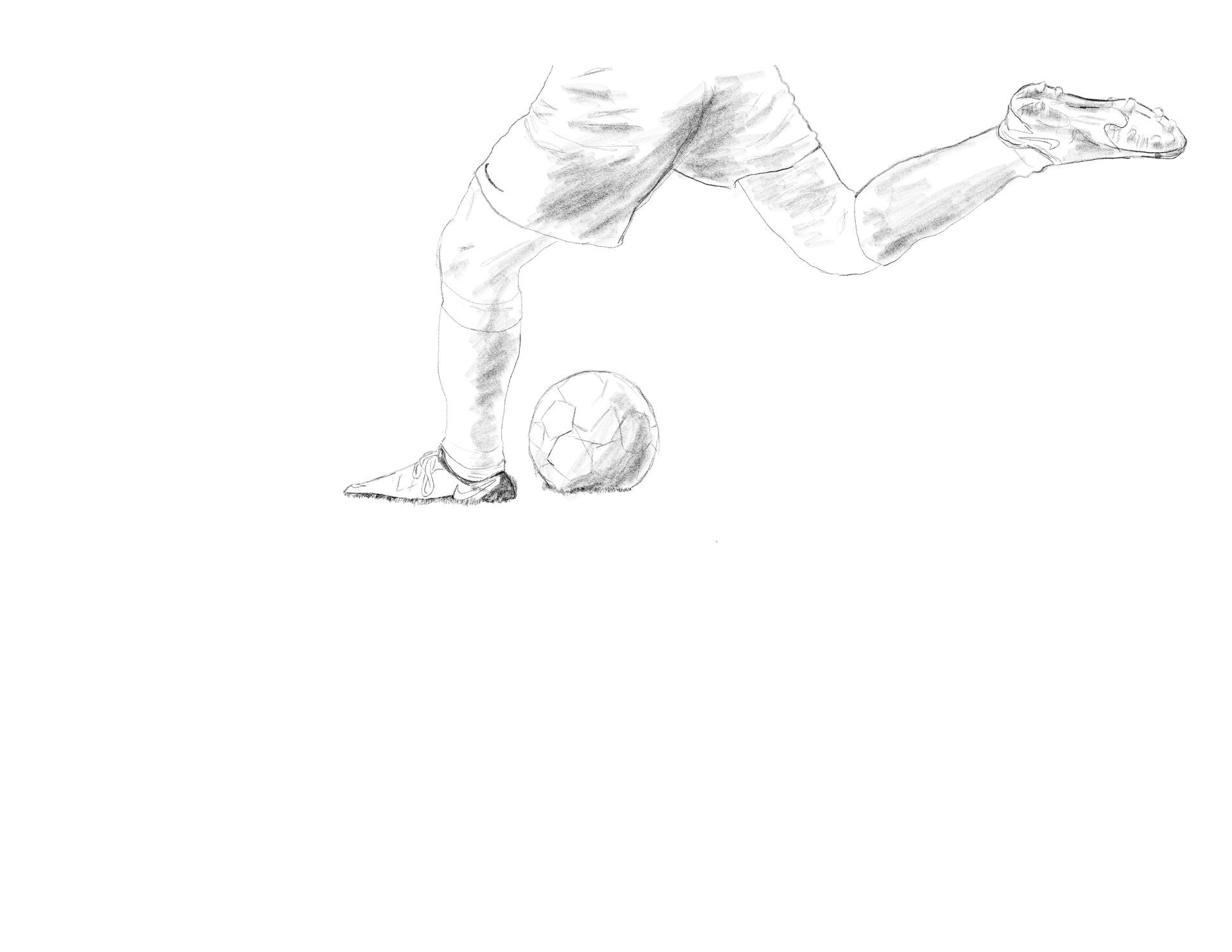 A black-and-white sketch of a person's legs mid-stride as they kick a soccer ball.