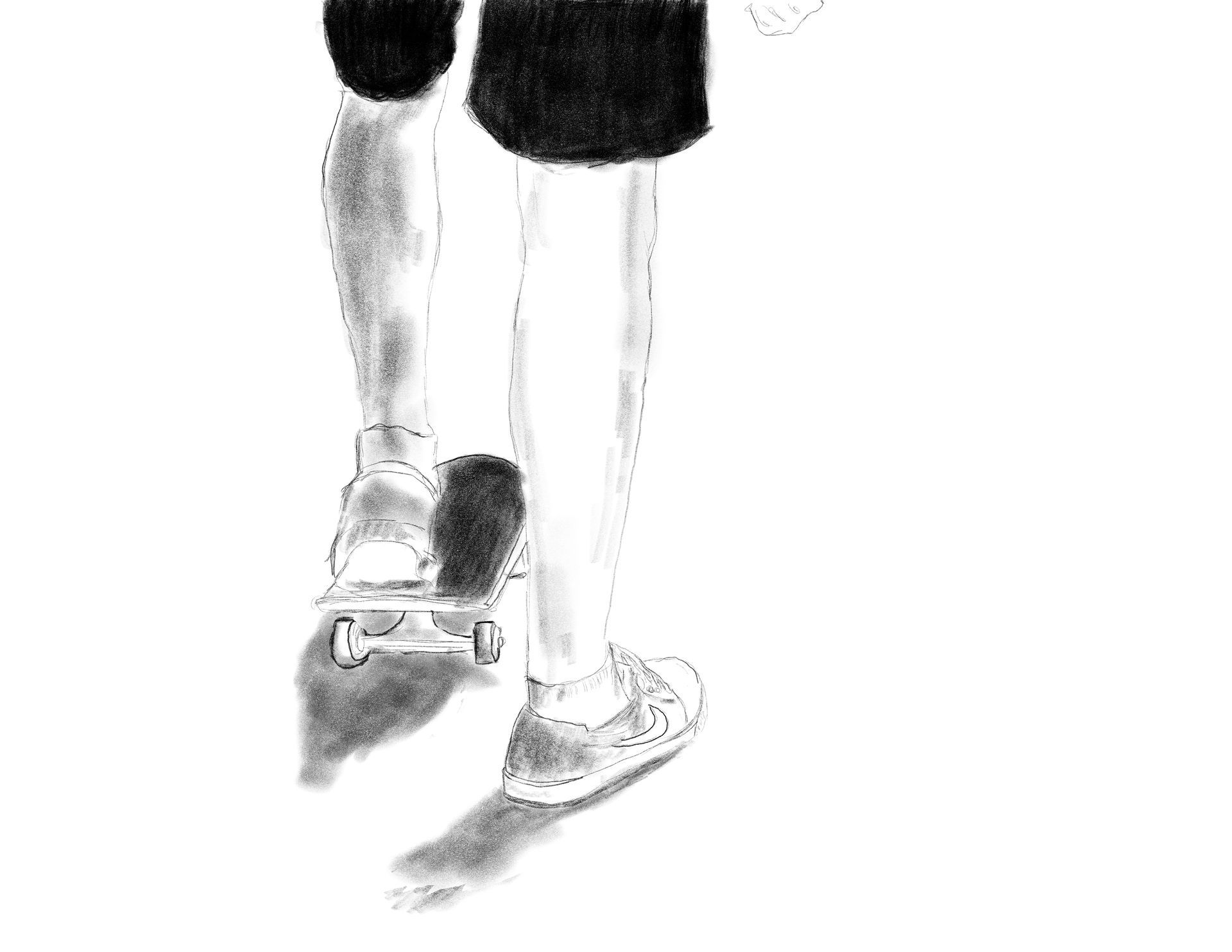 A sketch of a person wearing shorts and sneakers skateboarding, with one foot on the board and the other pushing off.