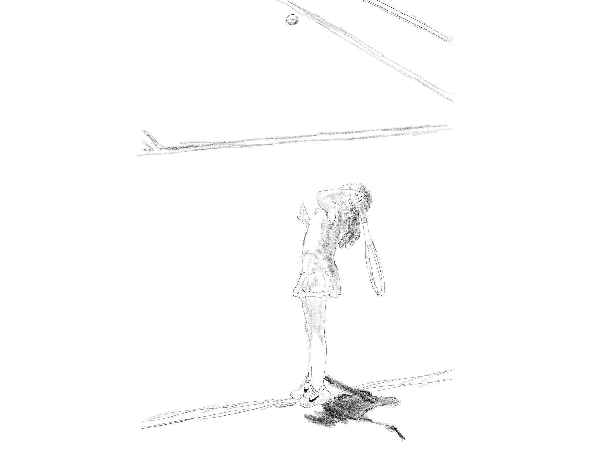 A line-art drawing of a figure reaching upward toward a horizontal bar, with a dark shadow cast on the floor below.