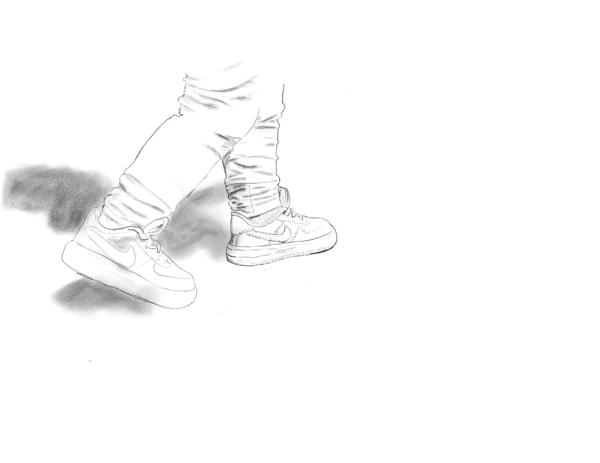 A line drawing showing a person's legs and feet wearing sneakers, casting a shadow on the ground.