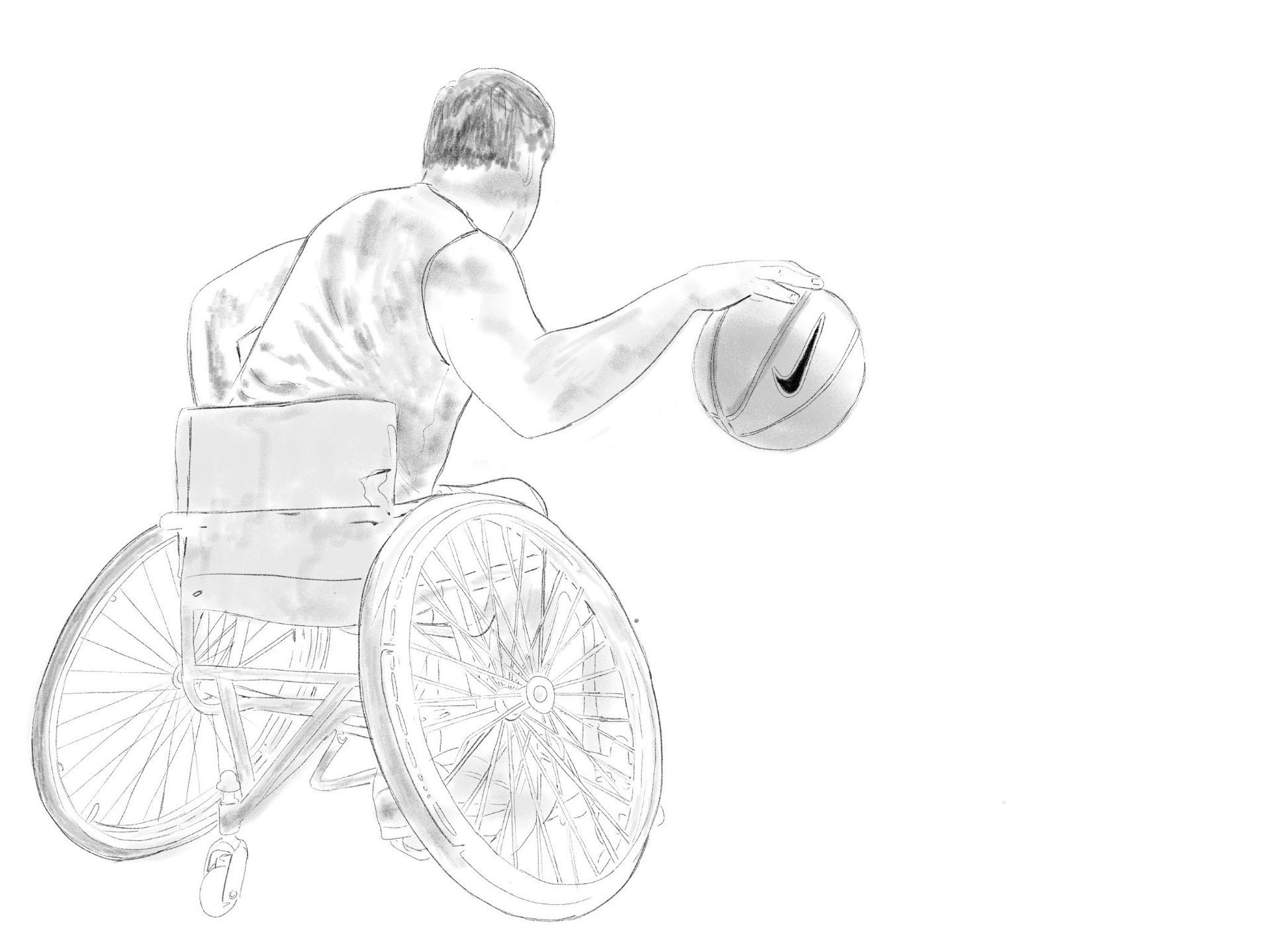 A sketch of an athlete in a wheelchair dribbling a basketball.