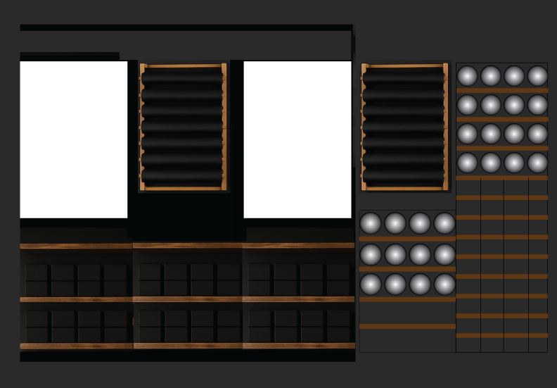 A retail display wall with wooden shelves featuring white rectangular signage, rows of black bottles, and round products.