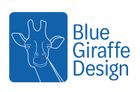 Logo for Blue Giraffe Design with a white line-art giraffe head on a blue square next to the text.